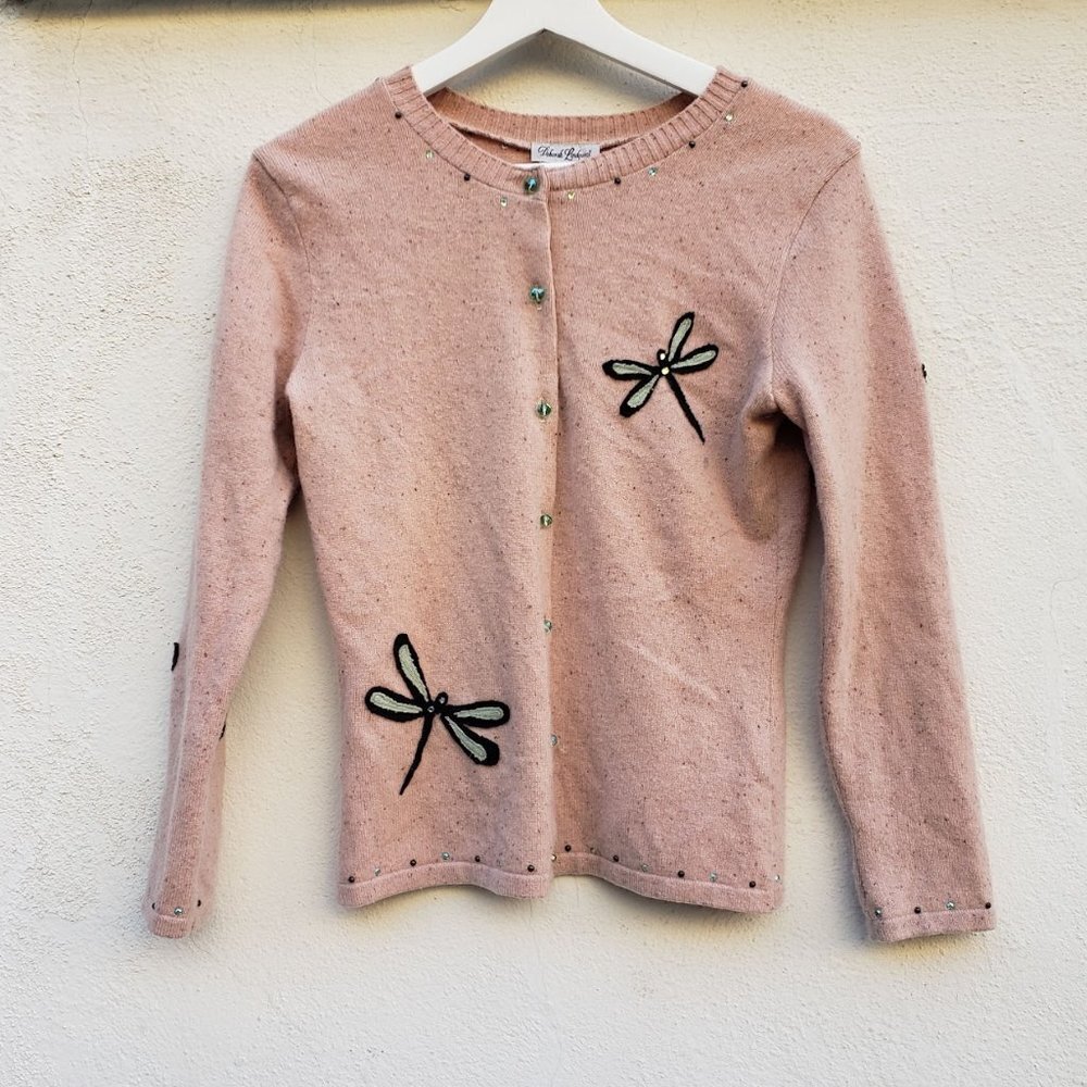 Deborah Lindquist One of a Kind 100% Recycled Cashmere Dragonfly Cardigan Beaded - Picture 2 of 9